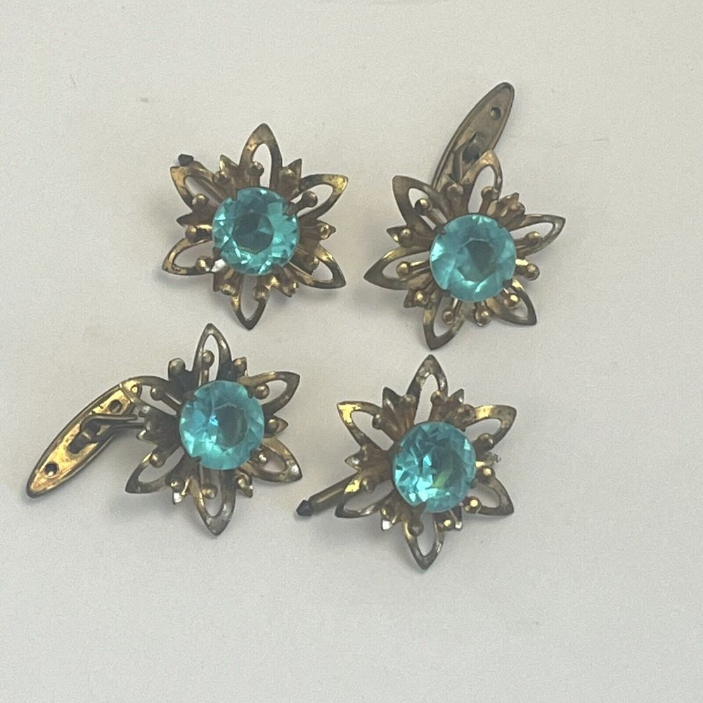 VTG Set Neckline Buttonhole Jewelry Blue Brass Tone 4 pc Set
